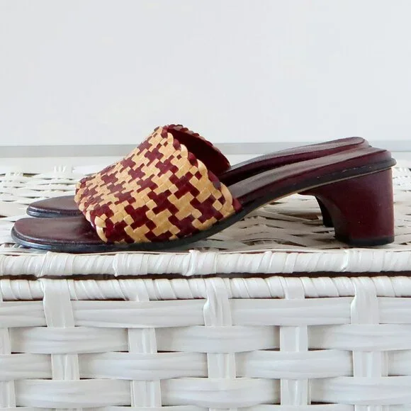 Handcrafted Burgundy Raffia Block Heel Mule Sandals Woven Boho Summer Shoes 7 - Picture 3 of 16